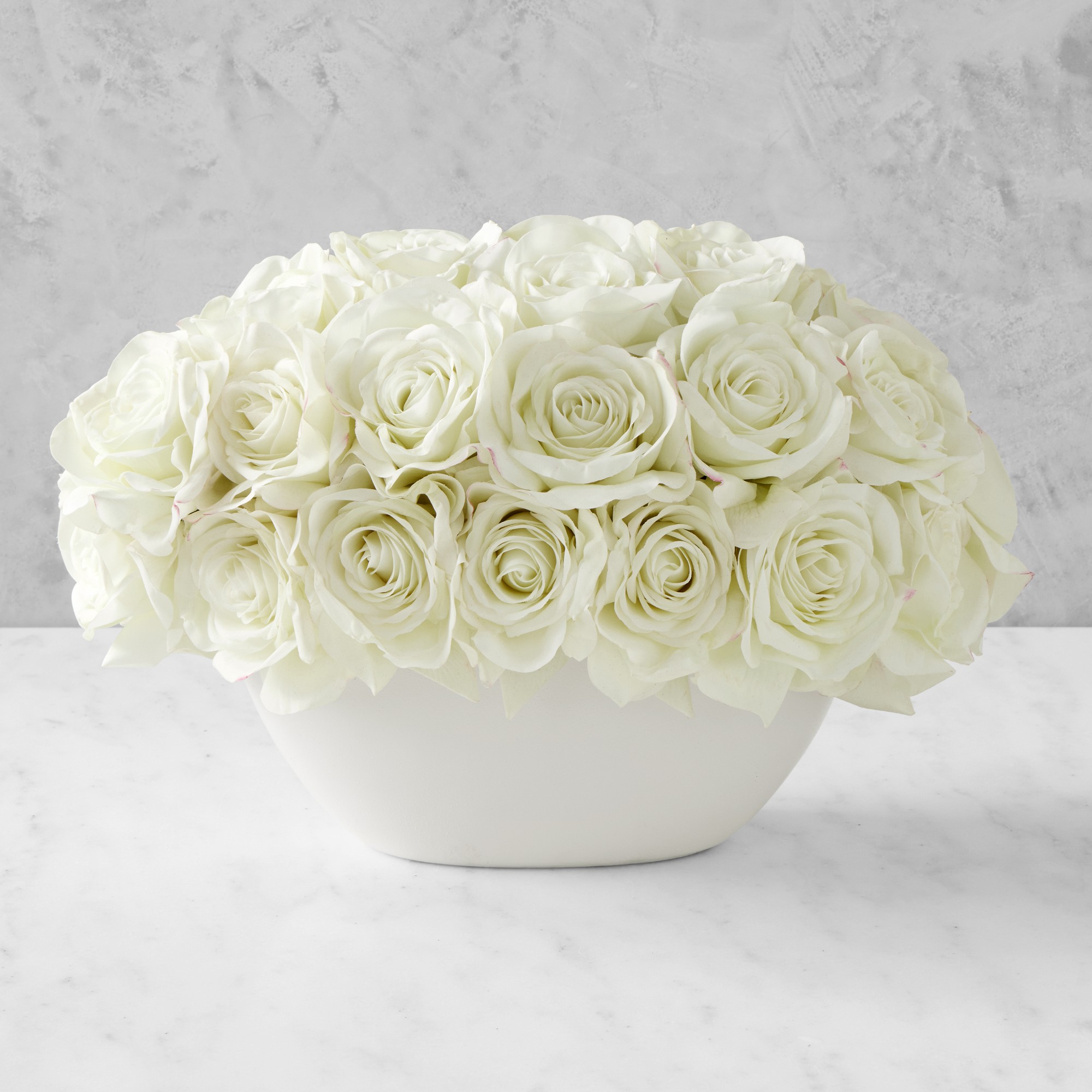 Jeff Leatham x Williams Sonoma Real Touch Faux White Roses in Oval Bowl Simolary simolary.com