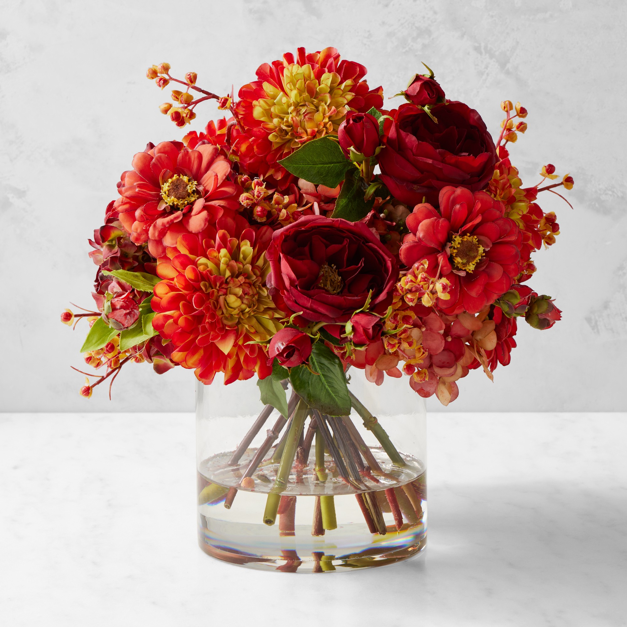 Faux Orange Dahlia Zinnia Floral Arrangement in Glass Vase Simolary simolary.com