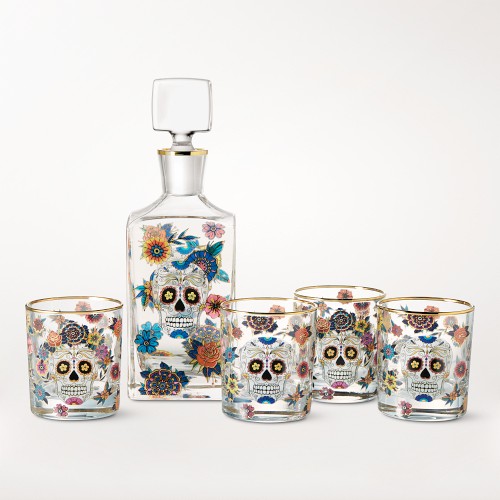 Day of the Dead Decanter & 4 Double Old-Fashioned Glasses