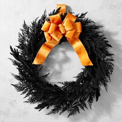Pre-Lit Spooky Halloween Faux Wreath with Orange Velvet Bow, 28"