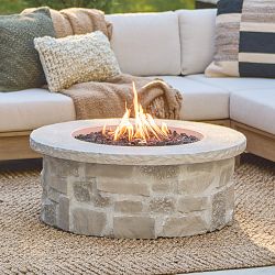 Bloomdale Round Stone Propane Fire Pit Table, Beige
