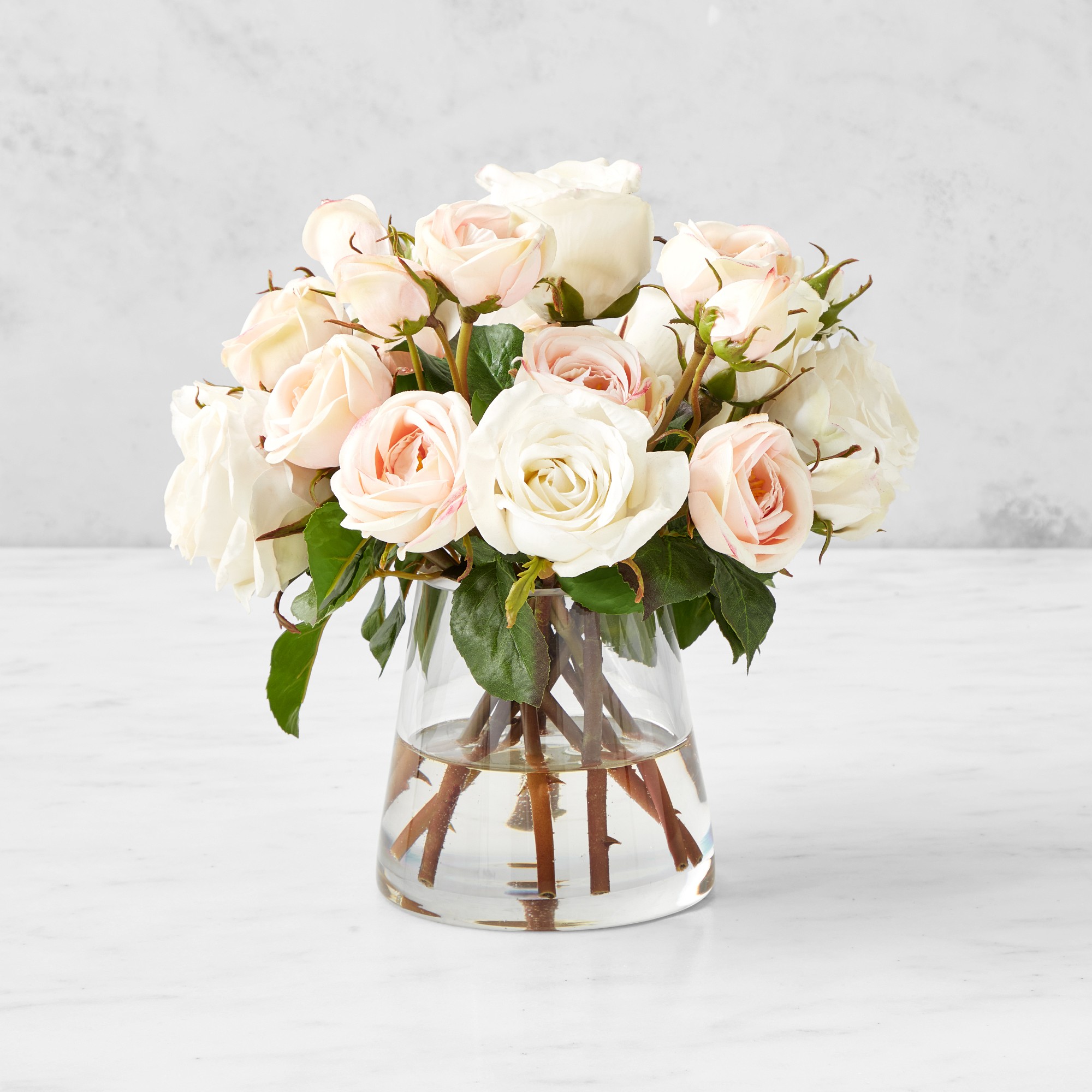 Faux English Rose Floral Arrangement in Glass Vase Simolary simolary.com
