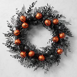 Jack O'Lantern &amp; Black Pumpkin Pre-Lit Faux Wreath, 28"