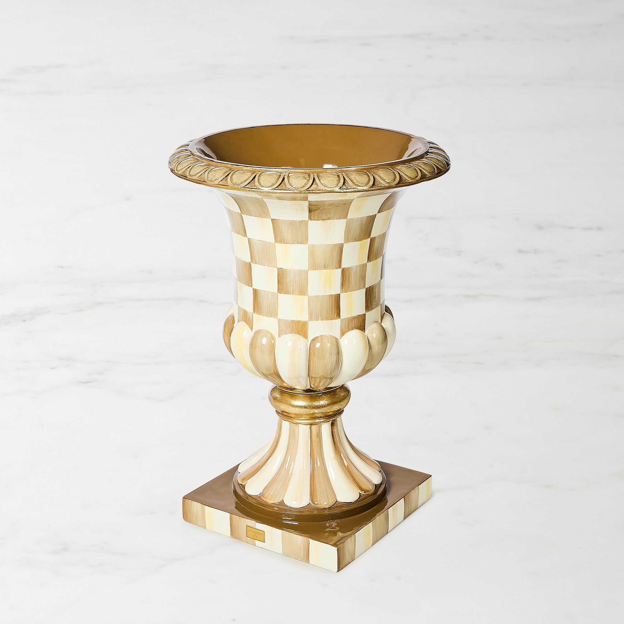 MacKenzie-Childs Mocha Check Pedestal Urn Simolary simolary.com