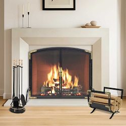 Refined Rivet Glass Door Fireplace Screen, Black
