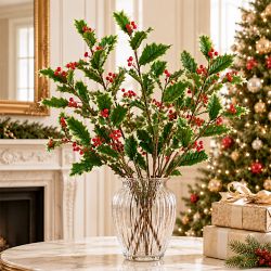 Faux Holly and Berry Spray Branch, 32", Set of 3