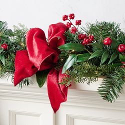 Faux Cedar and Velvet Burgundy Bow Wreath &amp; Garland