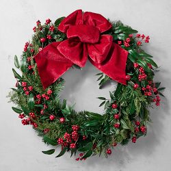 Faux Cedar and Velvet Burgundy Bow Wreath &amp; Garland