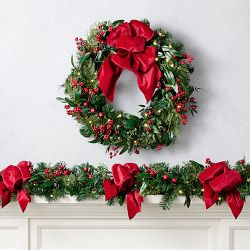 Faux Cedar and Velvet Burgundy Bow Wreath &amp; Garland