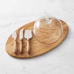 Olivewood Cheese Board with Cloche &amp; Cheese Knives