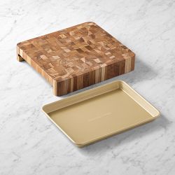 Teak End-Grain Prep-to-Pan Cutting Board &amp; Quarter Sheet Pan, Set of 2