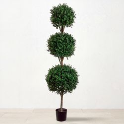 Triple Ball-Shaped Faux Boxwood Topiary in Plastic Pot, 72"