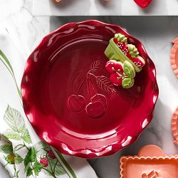 Emile Henry French Ceramic Artisan Cherry Embossed Ruffled Pie Dish