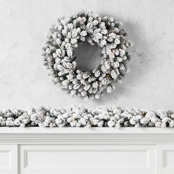 Jeff Leatham x Williams Sonoma Winter White Flocked Pre-Lit Faux Wreath &amp; Garland