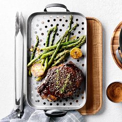 Williams Sonoma Outdoor Stainless-Steel Rectangular Roaster with Trivet, 18.5" x 10"