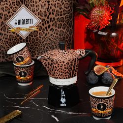 Bialetti Moka Dolce &amp; Gabbana 3-Cup + 3 Espresso Cups &amp; Stirrers Gift Set, Leopardo