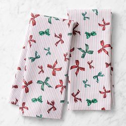 Festive Bow Stripe Tea Towel, Set of 2