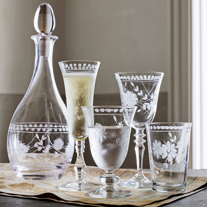 OPEN BOX: Vintage Etched Wine Glasses, Set of 4, Clear