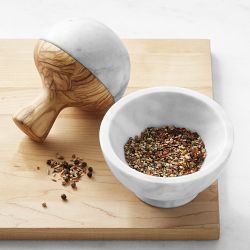 Williams Sonoma White Marble Mortar and Pestle, Olivewood