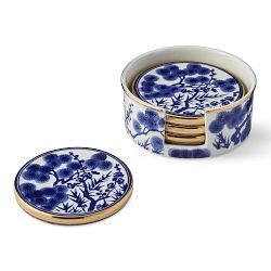 Chinoiserie Ceramic Coasters with Holder, Blue and White