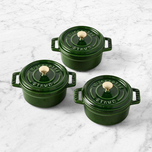 Staub Enameled Cast Iron Mini Cocotte Set of Three,.25-Qt, Basil with Brass Knob