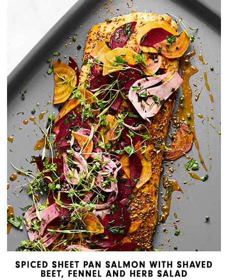 Spiced Sheet Pan Salmon with Shaved Beet, Fennel and Herb Salad