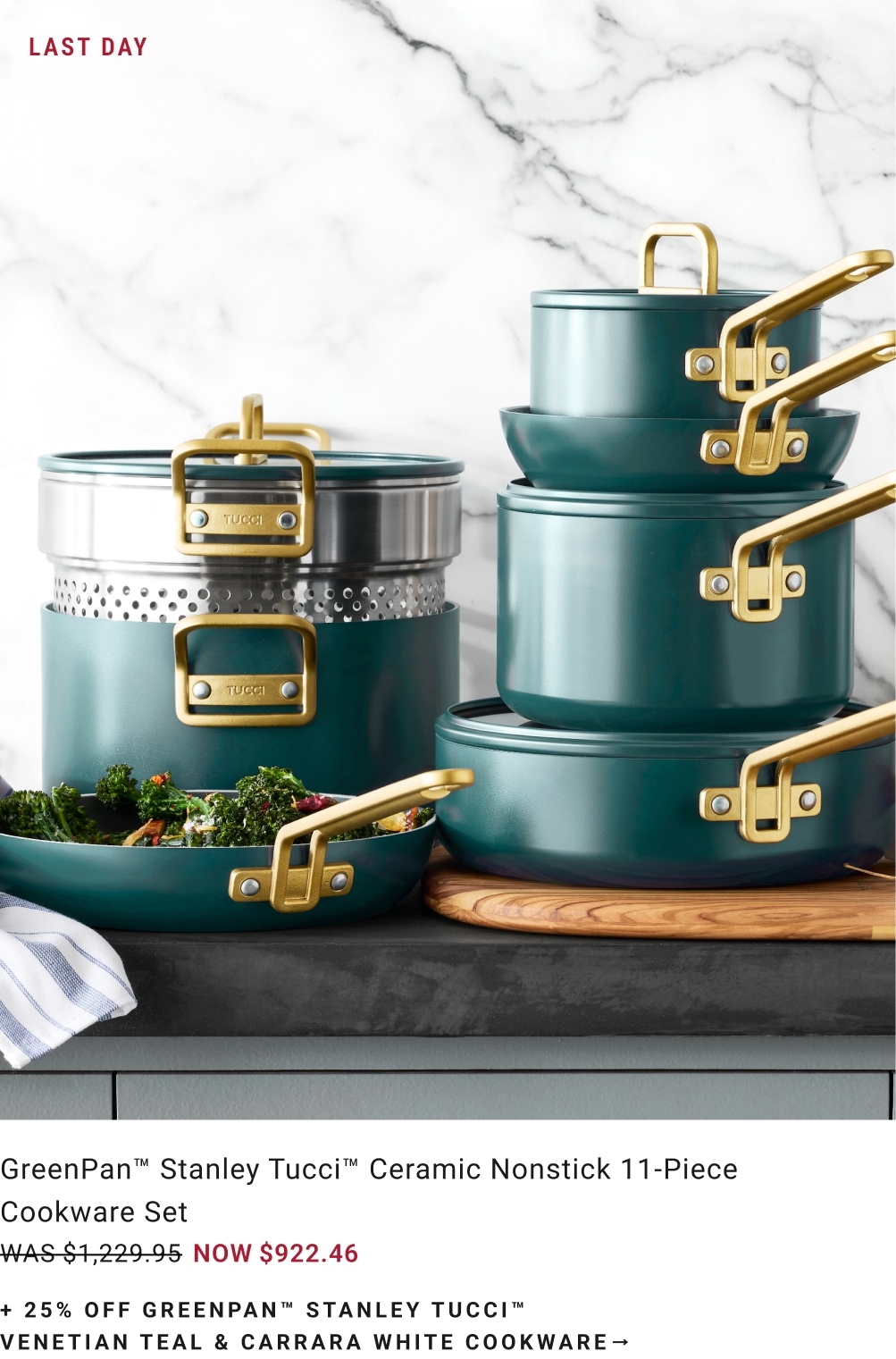25% Off GreenPan™ Stanley Tucci™ Venetian Teal & Carrara White Cookware
