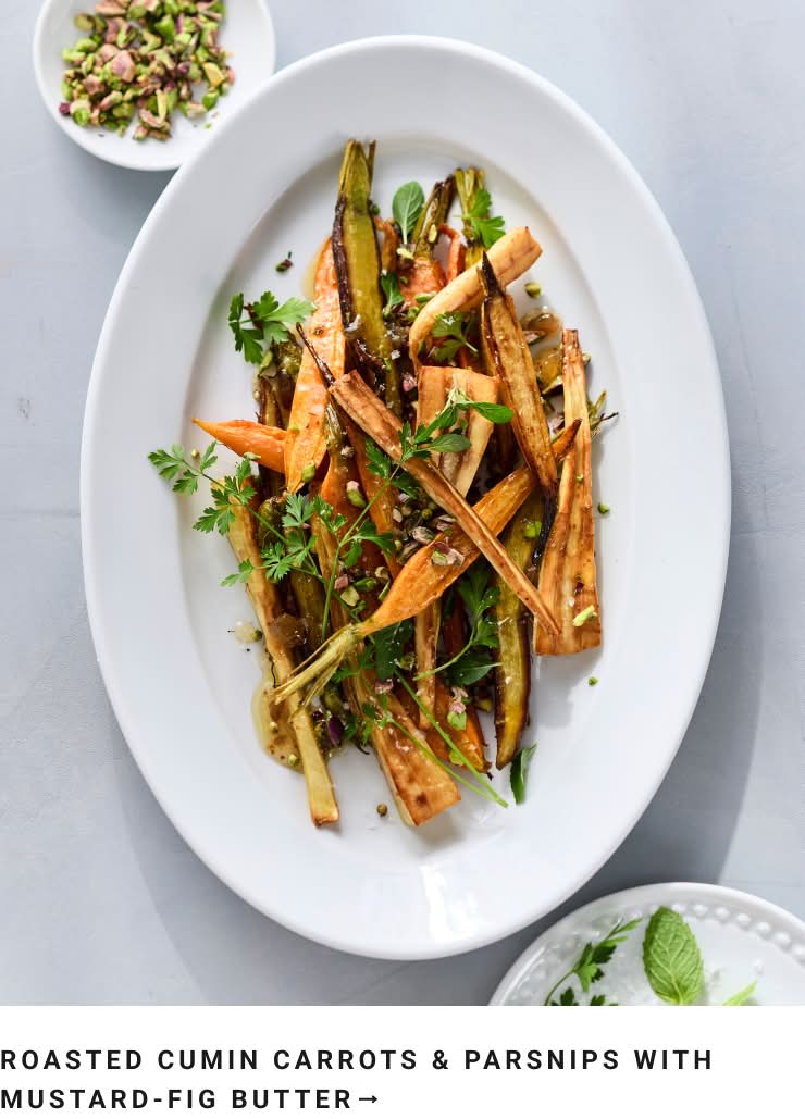 Roasted Cumin Carrots & Parsnips with Mustard-Fig Butter