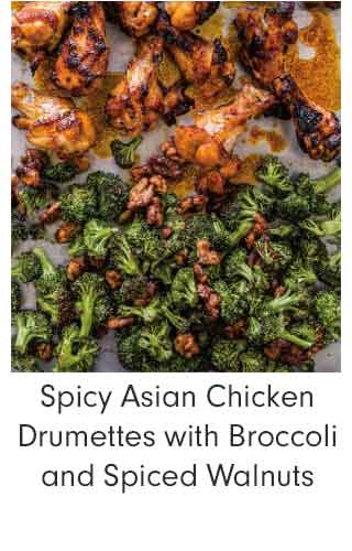 Spicy Asian Chicken Drumettes with Broccoli and Spiced Walnuts