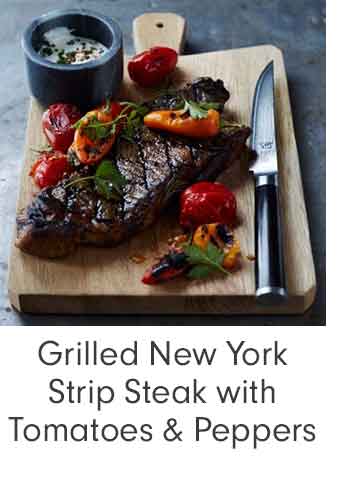 Grilled New York Strip Steak with Tomatoes and Peppers