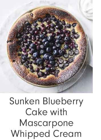 Sunken Blueberry Cake with Mascarpone Whipped Cream