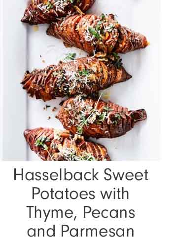 Hasselback Sweet Potatoes with Thyme, Pecans and Parmesan