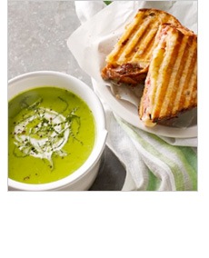 Pea Soup with Grilled Ham and Cheese >