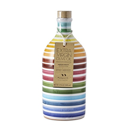 A bottle of Frantoio Muraglia Striped olive oil against a white background.