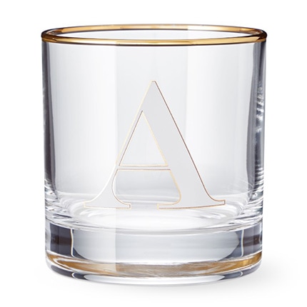 A custom old fashioned glass showing the letter A.