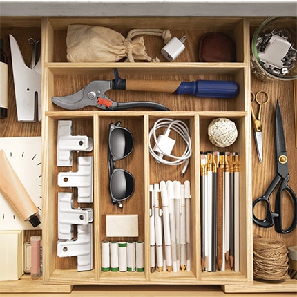 Hold-Everything Expandable In-Drawer set with various office items.