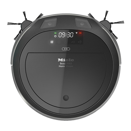 A Miele Scout Rx2 robotic vacuum cleaner against a white background with a display reading 9:30.