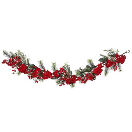 A faux hydrangea garland displayed horizontally against a white background.