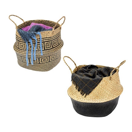 Two folding belly blanket baskets with throw blankets inside.