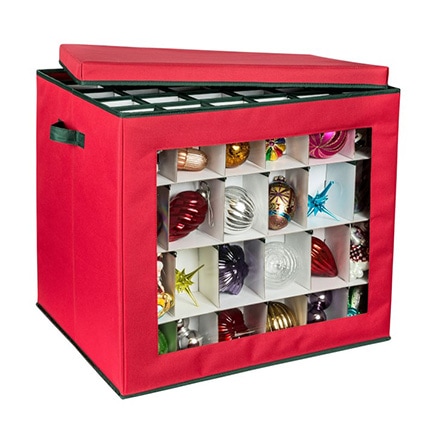 Red cube ornament storage displaying several rows of ornaments.