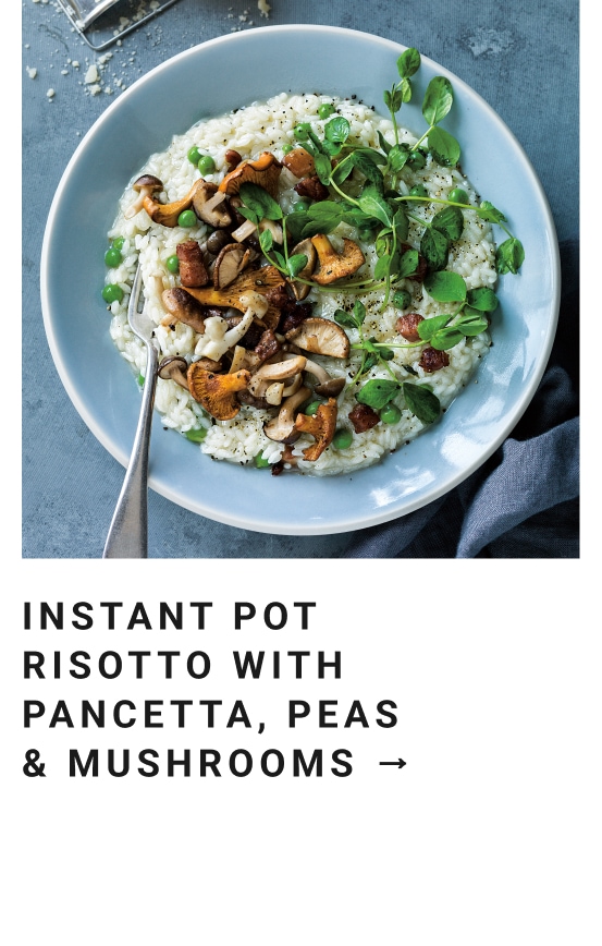 Instant Pot Risotto with Pancetta, Peas and Mushroom >
