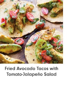 Fried Avocado Tacos with Tomato-Jalapeño Salad