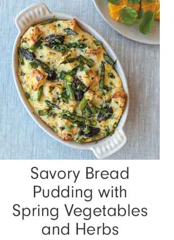 Savory Bread Pudding with Spring Vegetables and Herbs