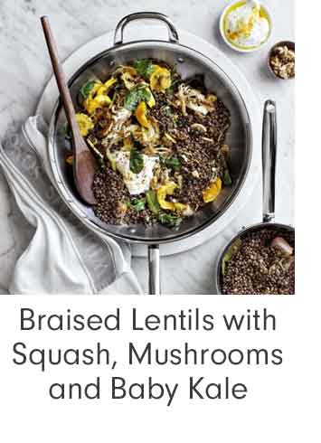 Braised Lentils with Squash, Mushrooms and Baby Kale