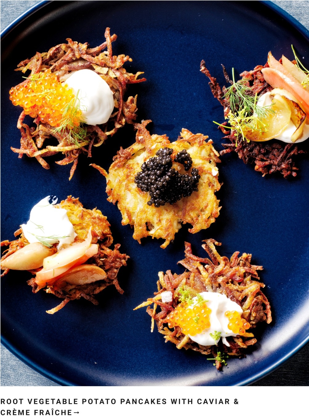 Root Vegetable Potato Pancakes with Caviar & Crème Fraîche