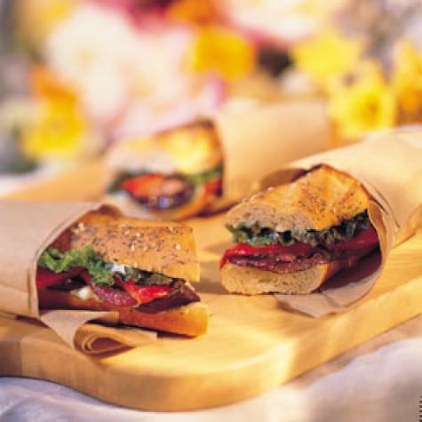 Grilled Eggplant, Red Onion and Pepper Sandwich with Basil Mayonnaise