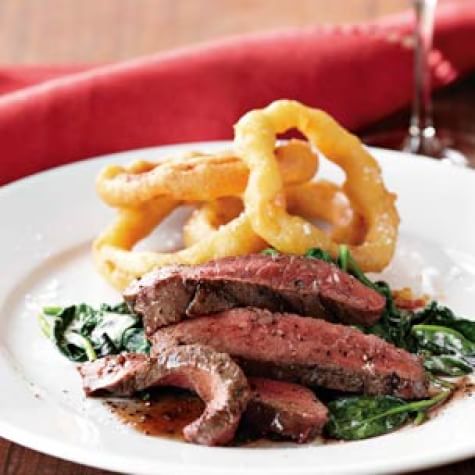Grilled Flat-Iron Steaks, Semolina Onion Rings & Creamy Truffled Spinach