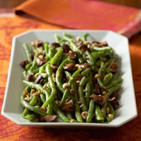 Snap Beans with Caramelized Shallots and Roasted Mushrooms