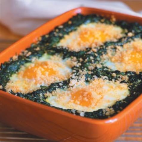 Shirred Eggs with Spinach and Crisp Bread Crumbs