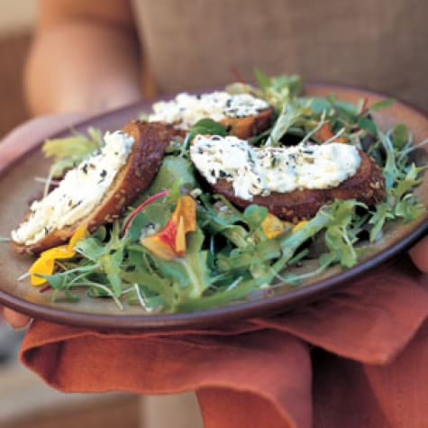 Farmers' Market Greens with Baked Goat Cheese Toasts